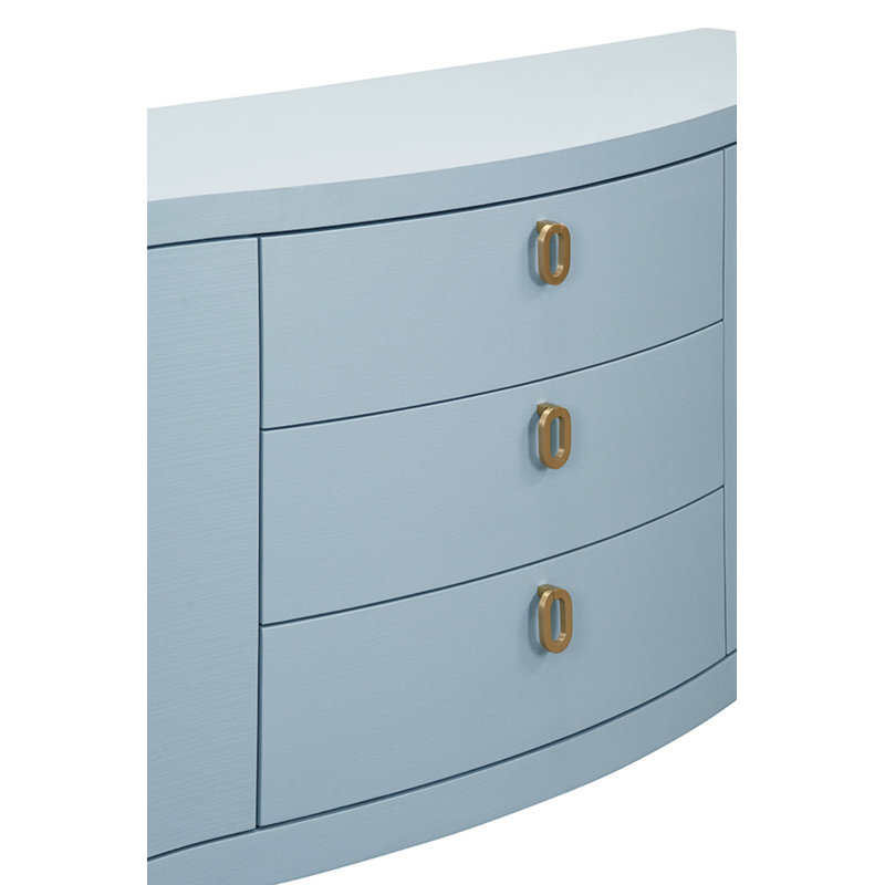 Curved Front Two Door Three Drawer Buffet In Textured Light Blue Linen With Satin Brass Ring Hardware, Textured Light Blue