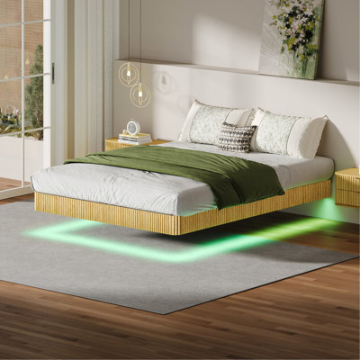 Oak Queen Floating Bed Frame With LED Lights, Wave Curve Wood Texture Bed With Heavy Duty Metal Slats - No Box Spring Needed.