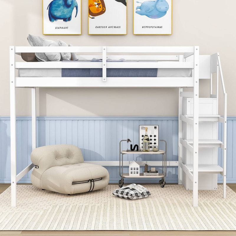 Gugna Full Loft Bed with Storage Wardrobe and Stairs by Harriet Bee, White