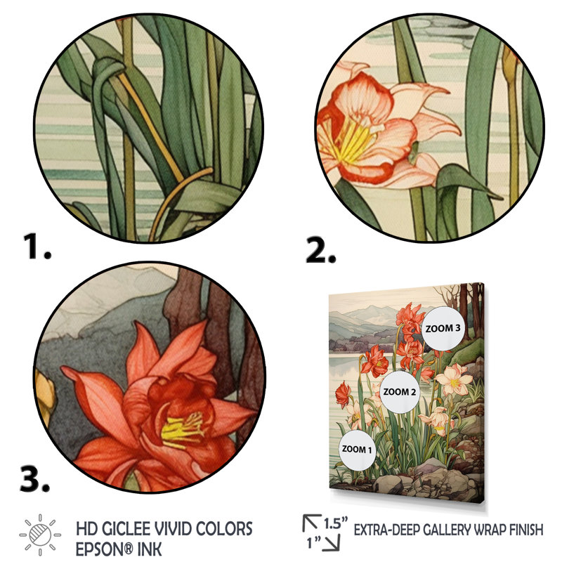 Tulipes rouges en fleurs - Illustration rétro I - impression, Cadre photo doré simple, H 20 po x l 12 po x P 1 po