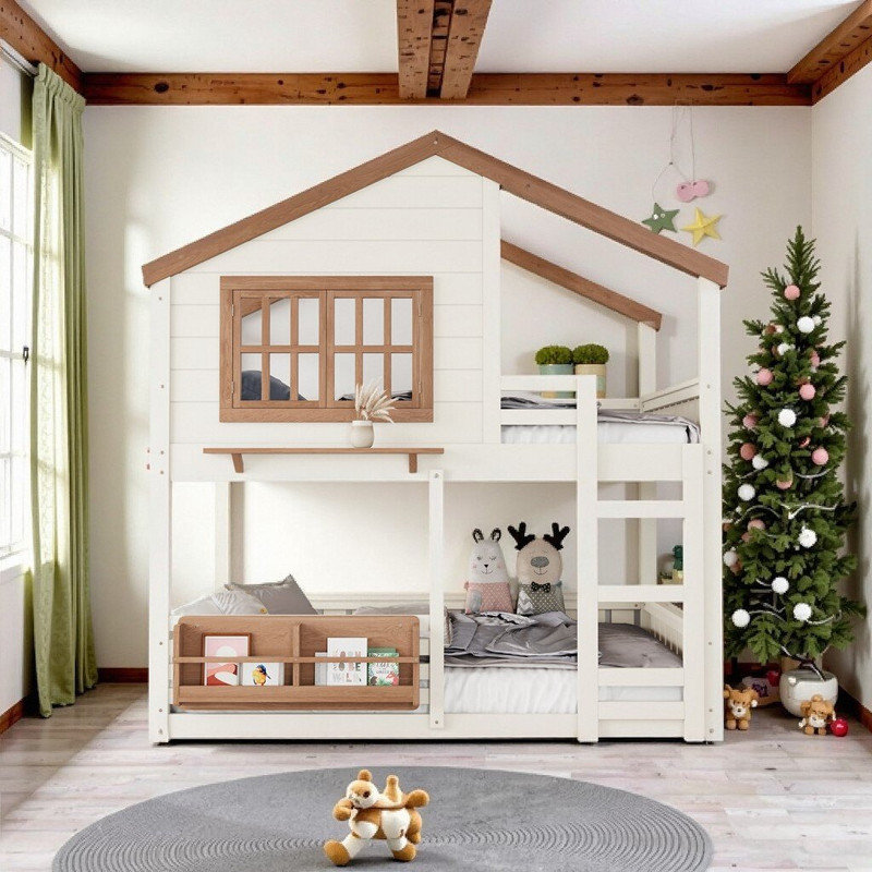 Full Size Pine Wood Bunk Bed Loft with Bookshelf & Safety Rails House Design Kids Bed, Beige