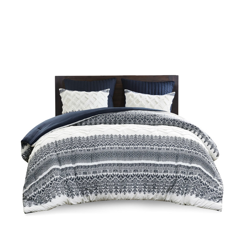 3 pièces très grand / très grand édredon. Coton avec capitonnage en chenille. Bleu marine. . 2 taies décoratives. Lavable à la machine. Thème de la literie magnifique. Rembourrage. Taies décoratives incluses. Lit