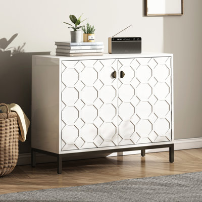 Meuble d'appoint blanc moderne avec surface brillante, 101,6 cm (l) x 39,8 cm (p) x 81,9 cm (h), pieds en métal, étagère intérieure de 81,9 cm de hauteur, revêtement doré, convient à diverses pièces