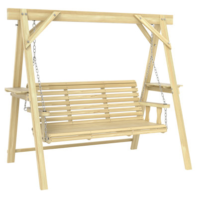 Balançoire de porche Outsunny 3 places en bois avec support, tables d'appoint et chaînes métalliques pour patio, jardin et cour