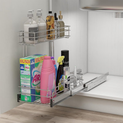 2-Tier Pull Out Under Sink Organizer, L-Shaped Chrome Plated Cabinet Storage Rack For Kitchen And Bathroom, Durable Slide Out Shelf For Pots, Pans, And Cleaning Supplies