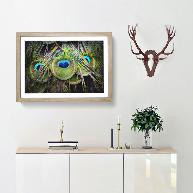 Peacock Feathers - Picture Frame Graphic Art Print, Oak, 62cm H x 87cm W x 2cm D