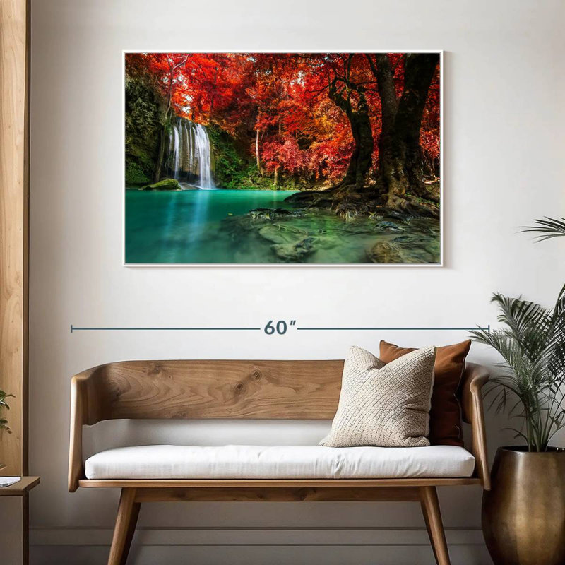 Arbres d'automne et cascade, 46 po x 31 po, Cadre flottant blanc