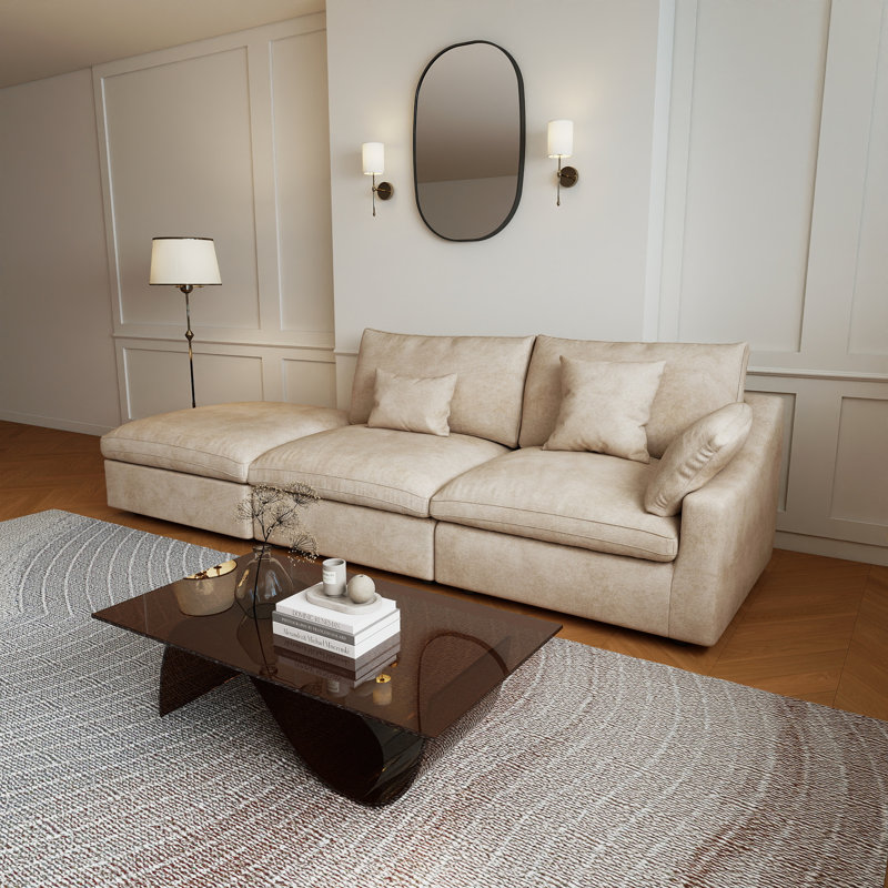 3-Piece Upholstered Modern  Chenille Fabric Modular Sofa With Ottoman, Khaki