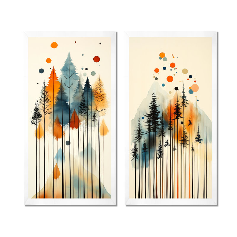 «Summer Valley Pine Forest Silhouettes I - Tree Pine», art encadré 2 pièces, H 40 po x l 40 po, Cadre photo blanc