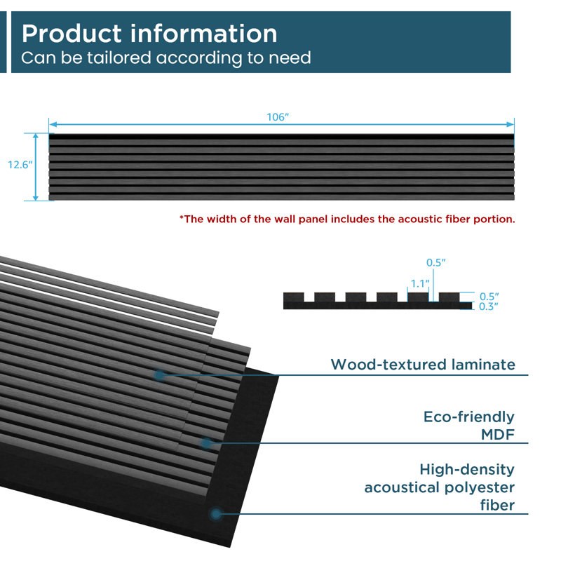 4PC x 106" x 12.6" 3D Acoustic/Sound proof Wood Slat Wall Panels (Set of 4/37.1 sq. ft.), Dark Gray