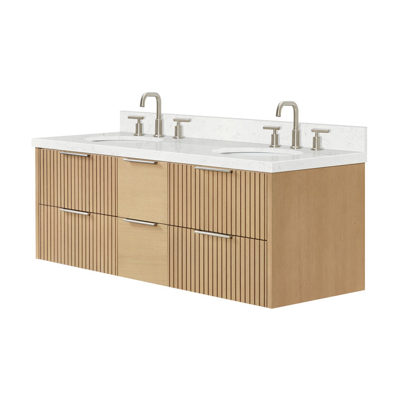 Meuble-lavabo mural double ovale 60 po avec comptoir à quartz blanc Carrara de 1,5 po Mulloy, Ovale, Chêne naturel