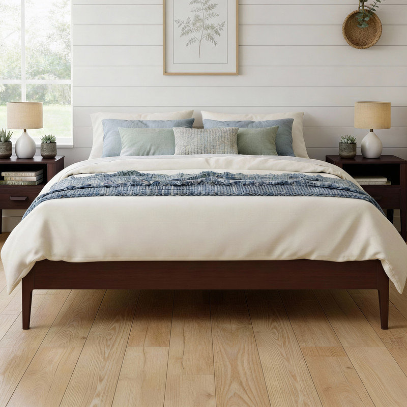 Retro Style Bed Frame, Platform Bed with Central Support Legs, Chocolate, King