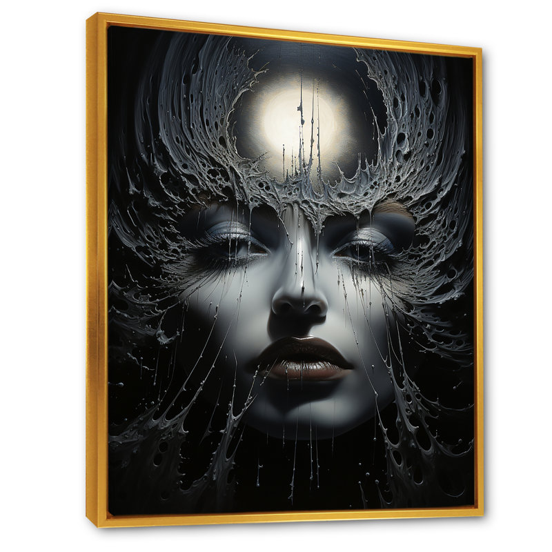 Surréalisme, Eclipse éternelle, portrait sur toile, Cadre flottant doré, H 40 po x l 30 po x P 1,5 po