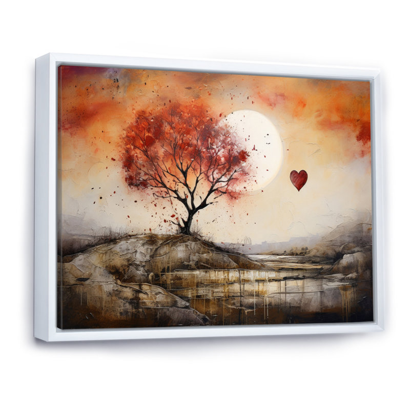 Paysage romantique avec fond de cœurs, 34" H x 44" W, Cadre flottant blanc