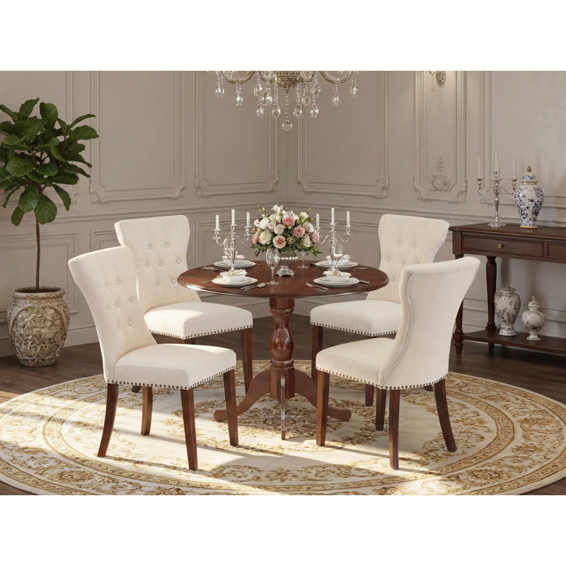 5 Piece Dining Set Includes a Round Dining Room Table with Dropleaf and 4 Light Beige Linen Fabric Upholstered Parson Chairs, 42x42 Inch, Mahogany