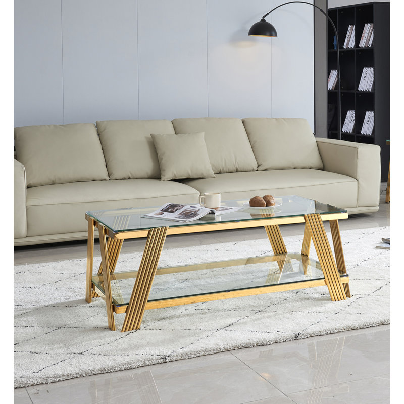 Table basse rectangulaire moderne en acier inoxydable de 47 po de largeur, table basse en verre trempé transparent à deux couches, table centrale avec rangement, pour le bureau à domicile, assemblage facile