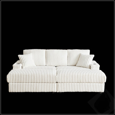 Canapé 3 places en velours côtelé de 213 cm avec coussins, pouf, repose-pieds avec rangement et rainures pour porte-gobelets pour un confort optimal