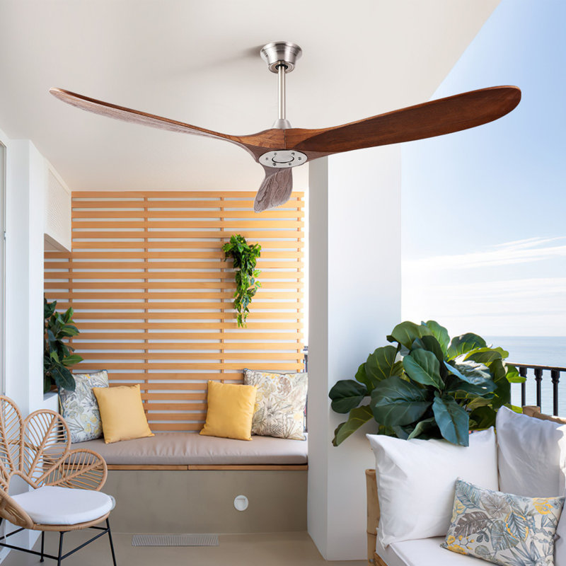 60 Inch Outdoor Ceiling Fan No Light 3 Solid Wood Blade with DC Motor and Remote Control, Walnut