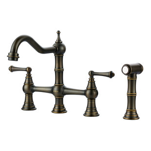Heritage Brass Bridge Kitchen Faucet with Sprayer, 4 Hole Kitchen Faucet 2 Handle, 8 Inch Centerset Faucet for Kitchen Sinks