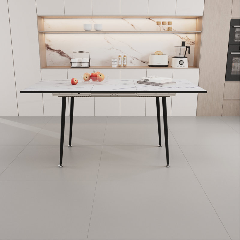 Elegant Expandable MDF Dining Table With Marble Pattern And Tapered Metal Legs