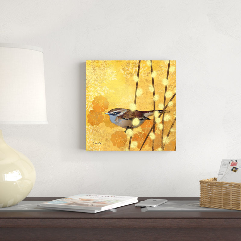 Wren sur jaune I, H 12 po x l 12 po x P 1,25 po