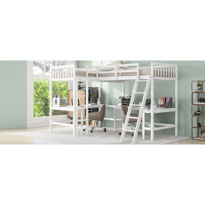 Lit mezzanine simple en L en blanc avec 2 tables d'étude intégrées, bois, bureaux mat