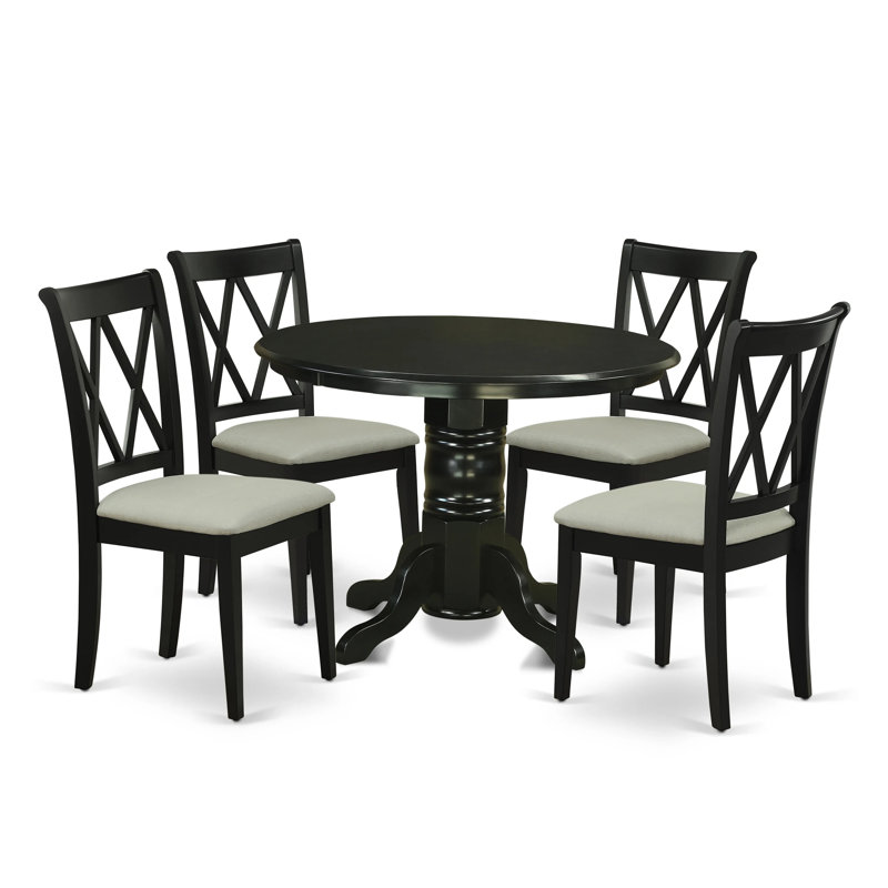 5 Piece Dinette Set for 4 Includes a Round Kitchen Table with Pedestal and 4 Linen Fabric Kitchen Dining Chairs, Black, Black