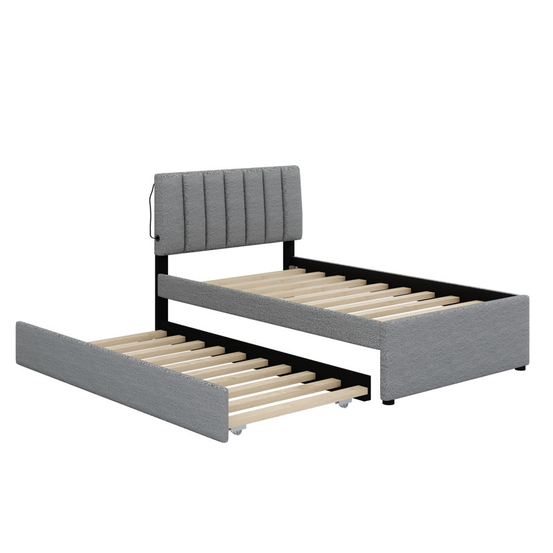 Lit plateforme tapissier avec lit gigogne, Gris