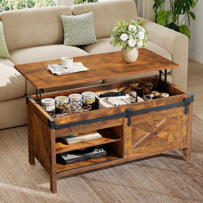 Table basse Wynny à plateau relevable avec rangement, table basse en bois de ferme de 39,4 po avec tablette amovible
