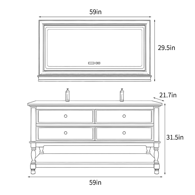 Meuble-lavabo de style américain de luxe rétro, H 31,5 po x l 59 po x P 21,7 po