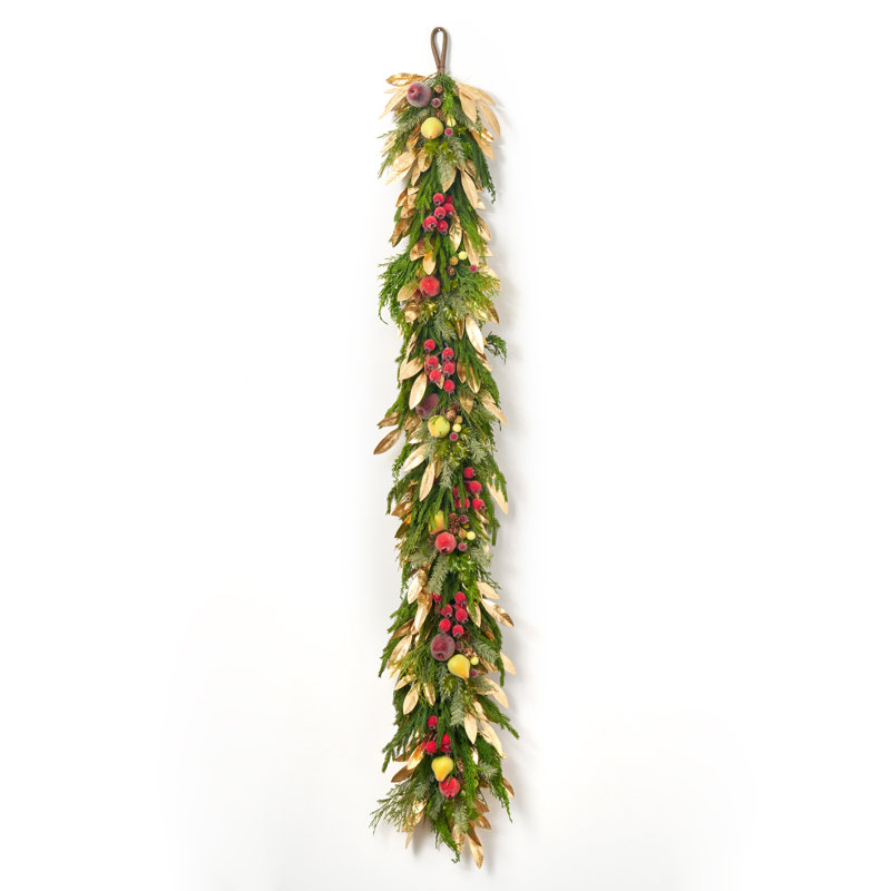 Chemin de table de Noël style Della Robbia de 1,80 m avec guirlande de fruits en sucre, cynorrhodons perlés et feuilles de laurier dorées
