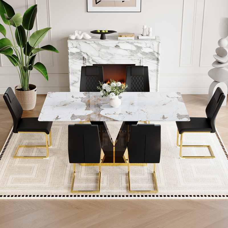 71'' Glass Dining Table Set for 6,Marble Patterned Dining Room Table Set With V-Shaped Black Glossy Pillars, Black