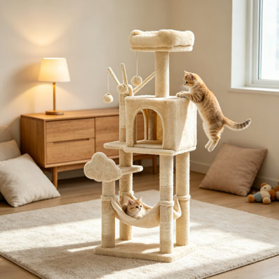 Arbre à chat à plusieurs niveaux avec condo, hamac, poteaux à griffer en sisal et perchoirs moelleux