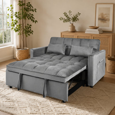 Modern Velvet Loveseat 3-in-1 Convertible Sleeper Sofa Bed, Adjustable Backrest Pullout Couch with Side Pockets, Toss Pillows & USB Charging Function
