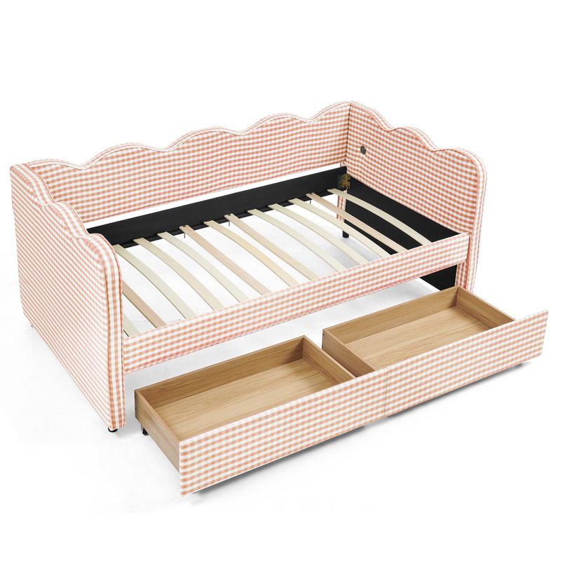 Lit de jour simple en vichy douillet avec deux tiroirs de rangement, avec port USB et adorable tissu en forme de vague, Pink