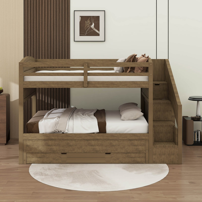 Lit superposé avec lit gigogne, escalier de rangement, garde-robe et 3 tiroirs, structure en bois superposée peu encombrante