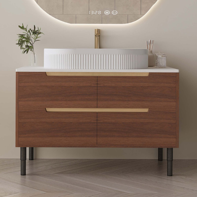 Meuble-lavabo de 36 pouces, autoportant ou fixé au mur avec lavabo intégré en céramique et tiroirs à fermeture en douceur