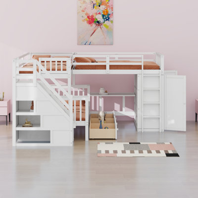 Lit superposé en L avec 3 tiroirs, bureau portable et garde-robe