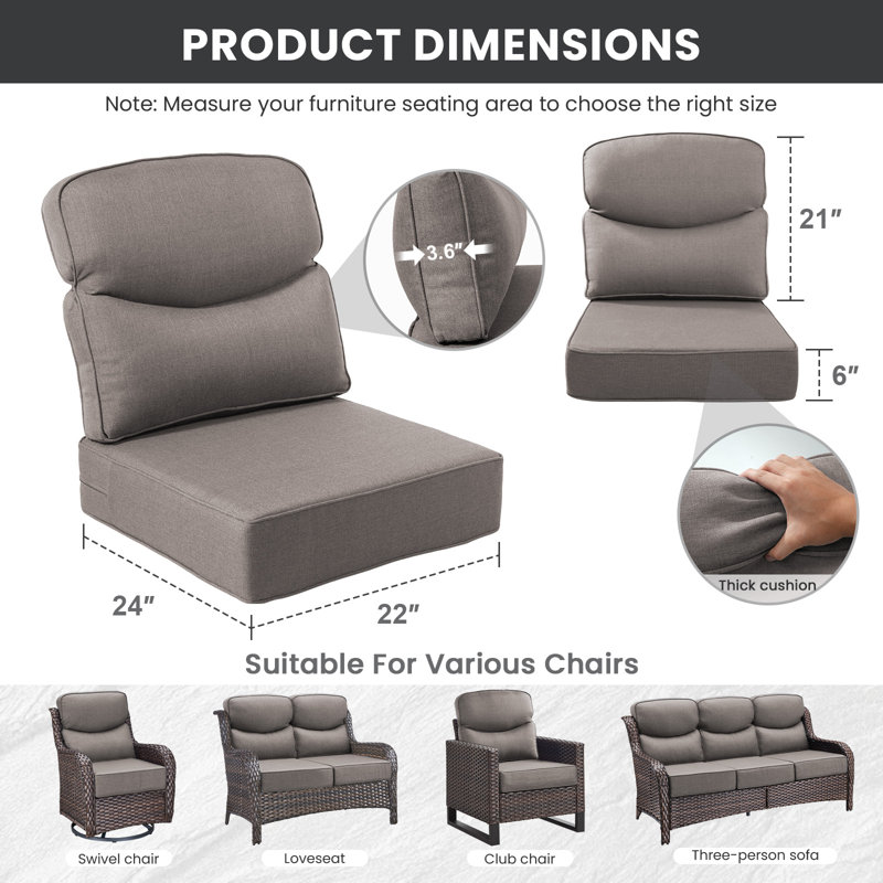 Coussins de siège Allo Luxury Smile 24 x 22 x 6, coussin de siège profond en oléfine résistant à l'eau, 2 Set, Grey