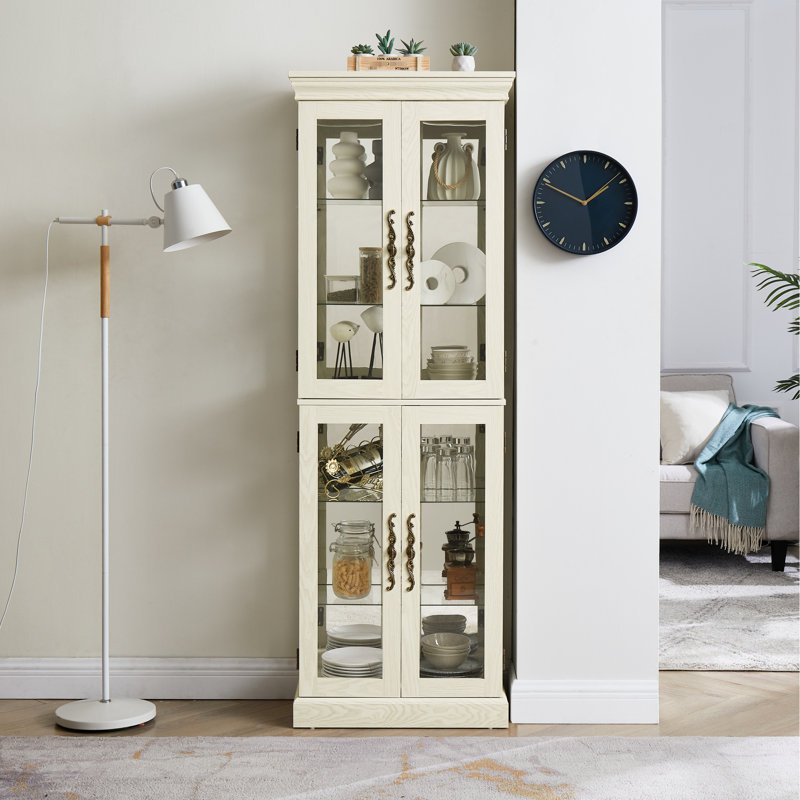 Vitrine spacieuse avec rangement intérieur lumineux et polyvalent Aumbre, cloisons mobiles, Blanc antique