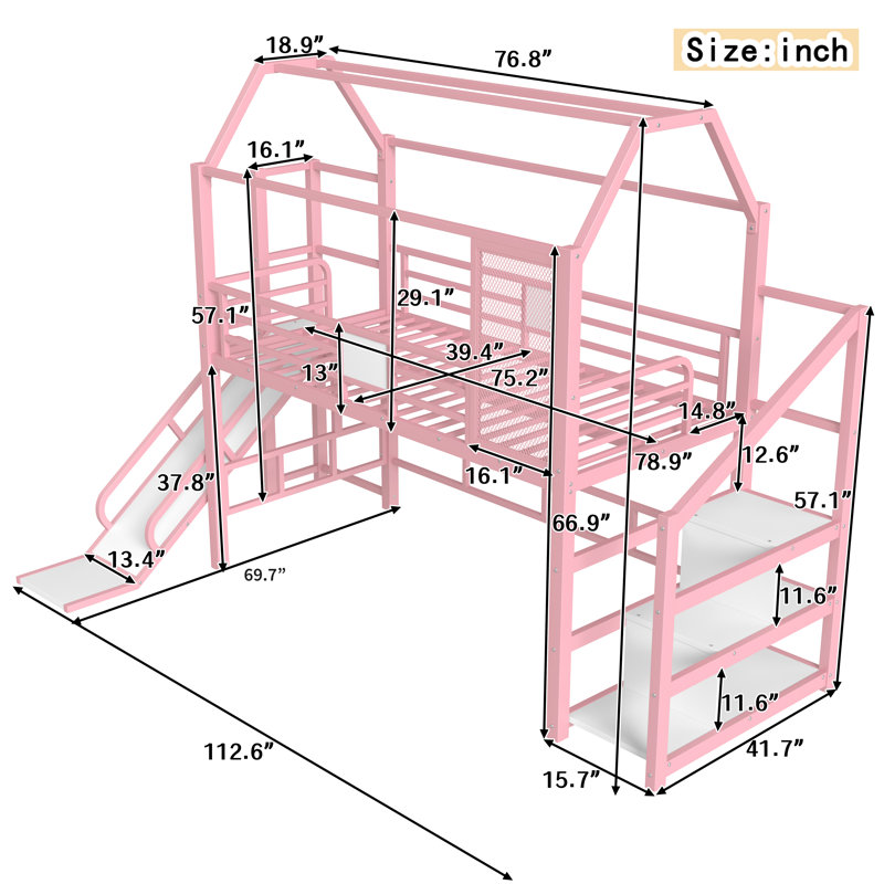 Twin Loft Bed with Slide, Stairs & House-Shaped Roof, Metal Kids Playhouse Bed with Storage Shelves, Noise-Free Pink, Twin