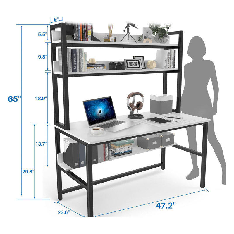 Computer Desk With Hutch And Bookshelves, Large Leg Room 47 Inch Width Desk With Space Saving Storage Shelves For Home Office,Study, Work, Easy Assemble And All Hardware And Tools Included