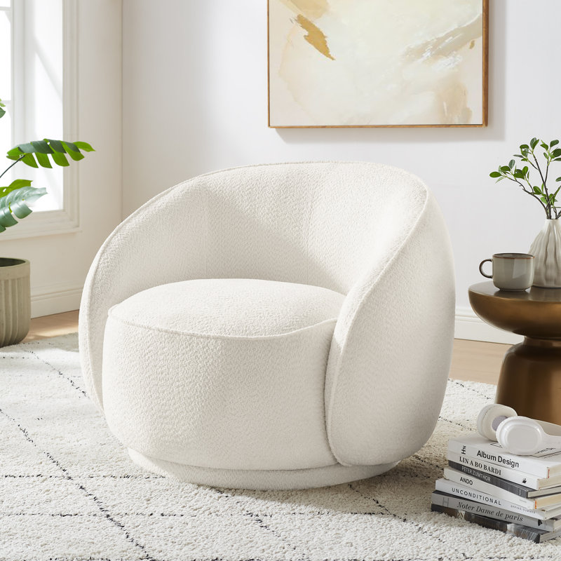Kannen Upholstered Swivel Accent Chair, White Boucle Polyester