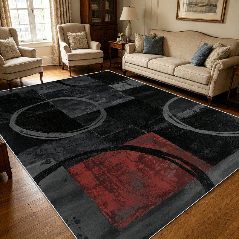 1PC Modern Abstract Distressed Geometric Circle Black Grey Red Print area rugs for Living Room, Soft, All seasons, Easy-maintain, Washable Indoor mat, Farmhouse suitable for for dining table, bedroom, entryway...