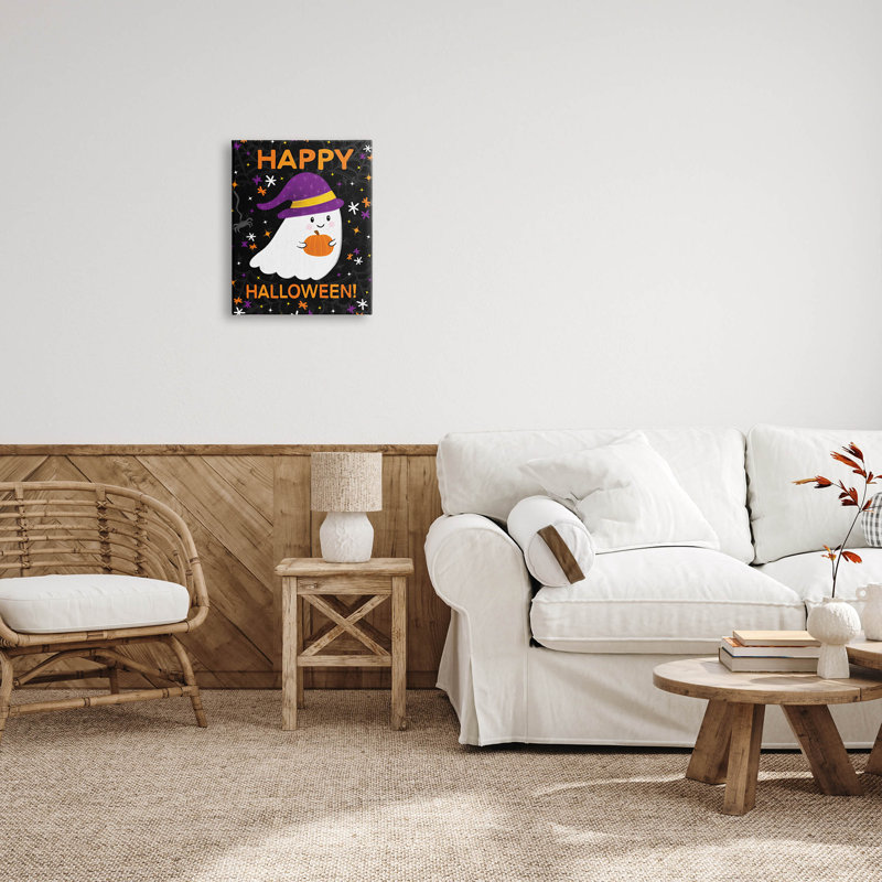 «Happy Halloween Happy Ghost», art mural sur toile par Emily Cromwell, H 20 po x l 16 po x P 1,5 po