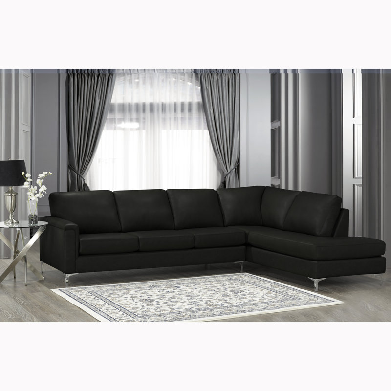 Platte Upholstered L-Shaped Sectional Right Hand Facing, Black Genuine Leather