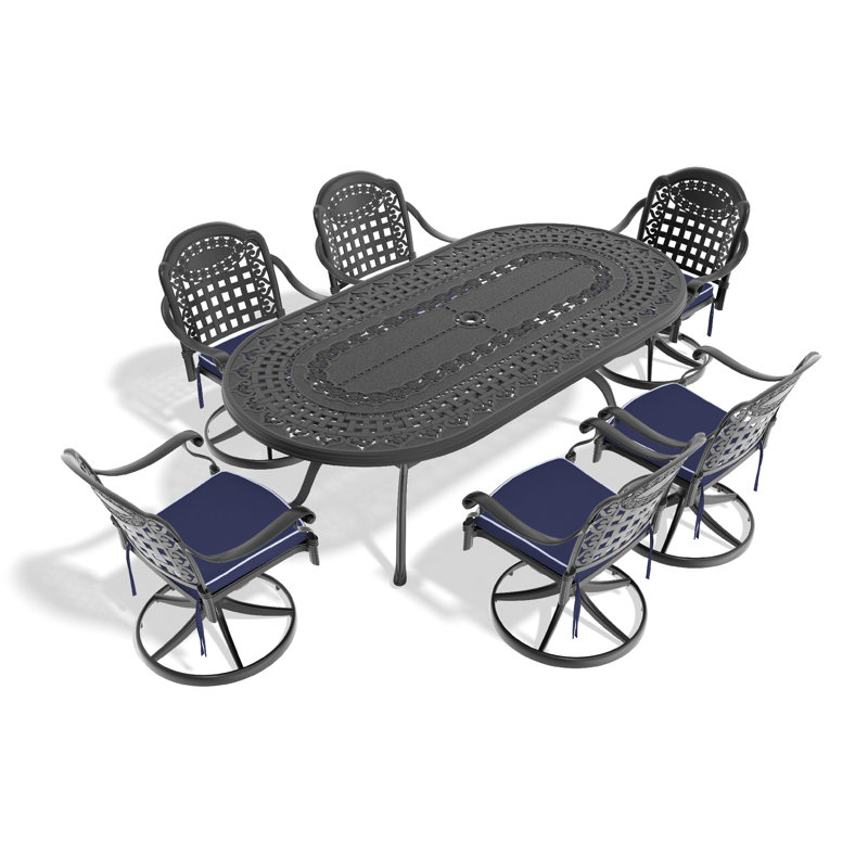 Ensemble de salle à manger 7 pièces en fonte d'aluminium toutes saisons, comprenant 6 chaises pivotantes et une table ovale avec cadre noir