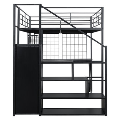 Full Size Metal Loft Bed with Built-in Desk, Wardrobe, Storage Staircase & LED Light — Black Space-Saving