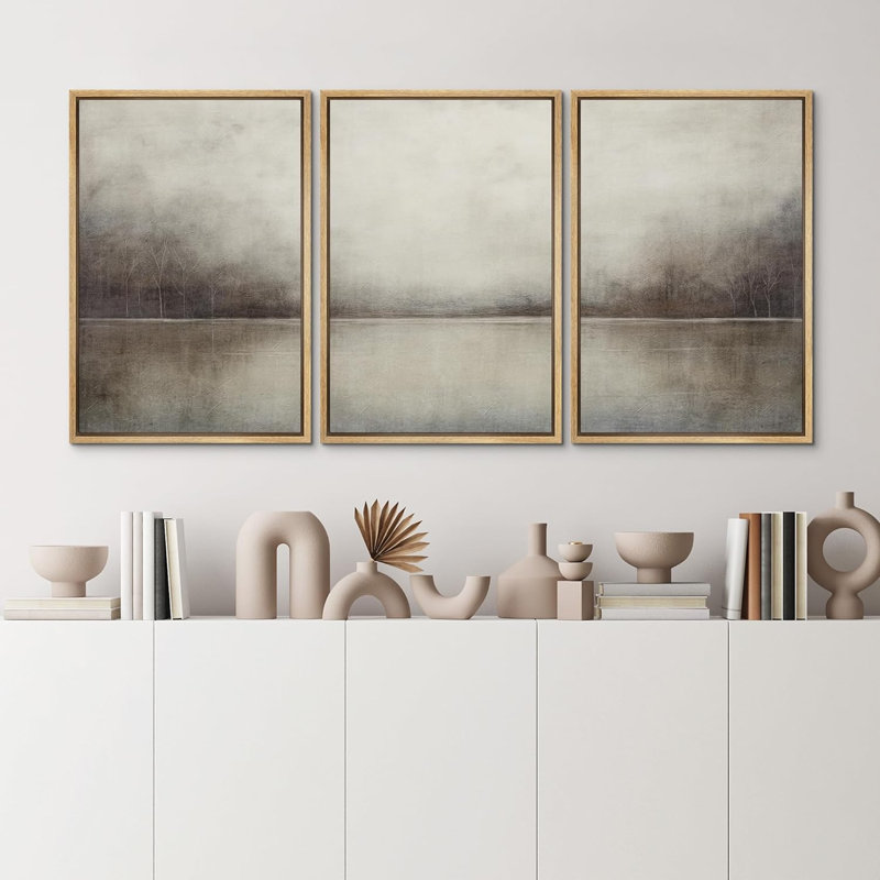 Tableau représentant un paysage de lac gris brumeux, idéal pour le salon, impression giclée sur toile encadrée, Floater Frame