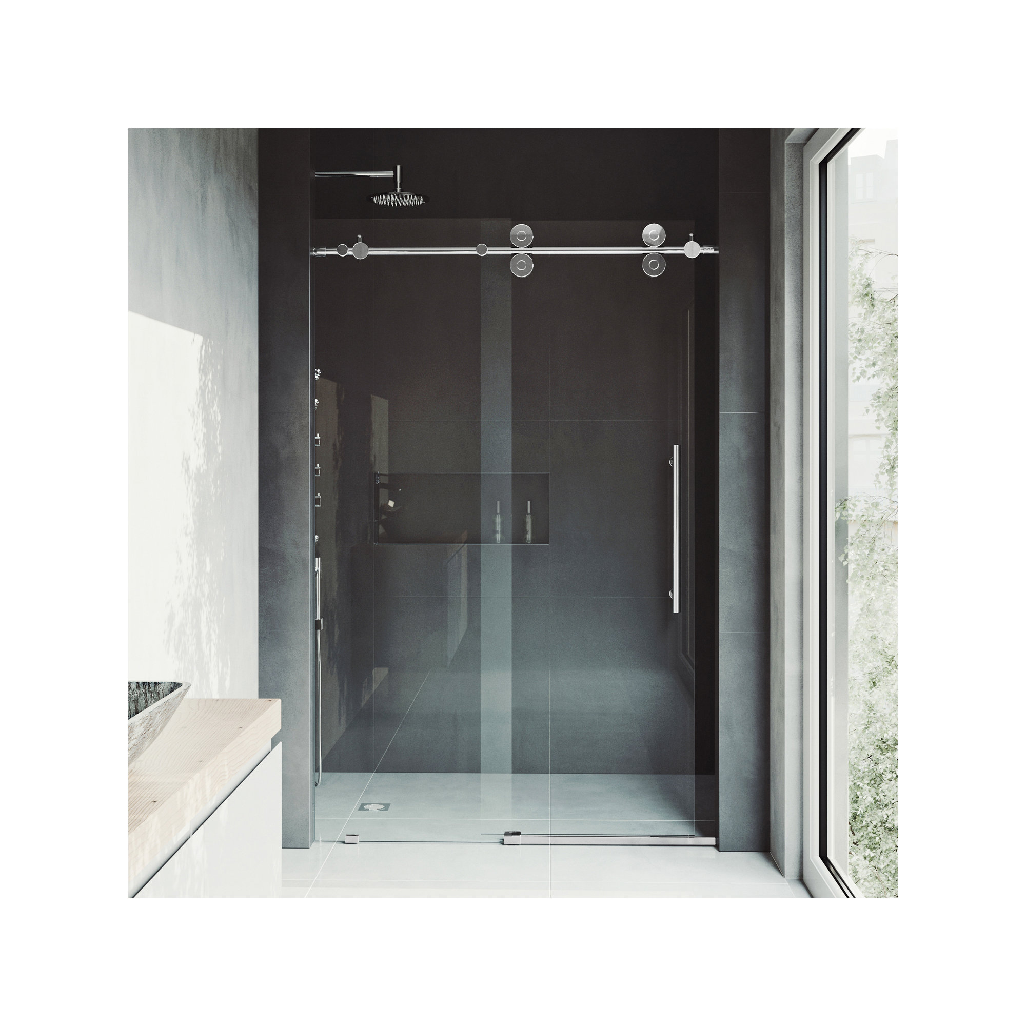 Elan 64-68" W x 74" H Sliding Frameless Shower Door with 3/8" Clear Glass, Chrome